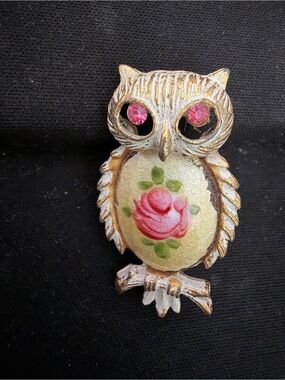 Vintage Owl Brooch with Pink Rose and Pink Rhinestone Eyes